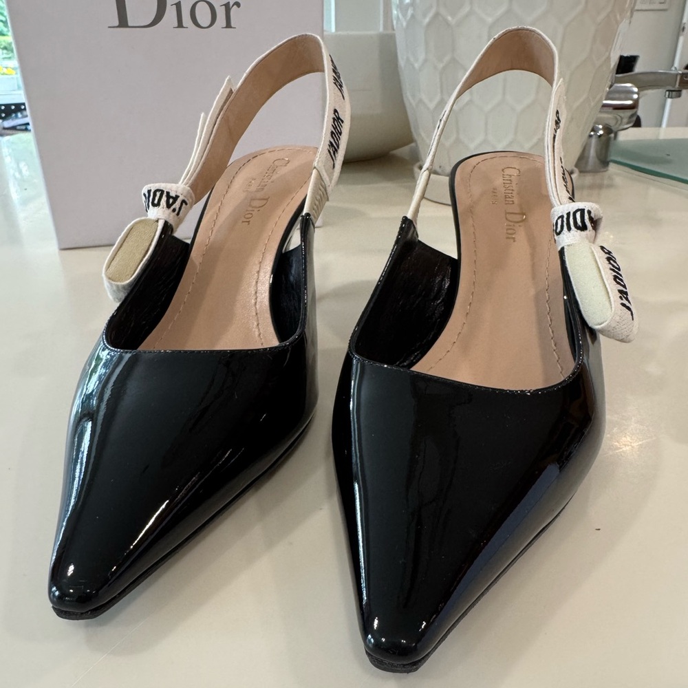 Dior Black Patent J’ADIOR Slingback Leather Heels with Pointed Toe